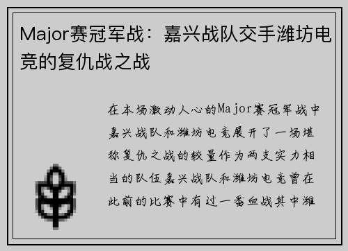 Major赛冠军战：嘉兴战队交手潍坊电竞的复仇战之战